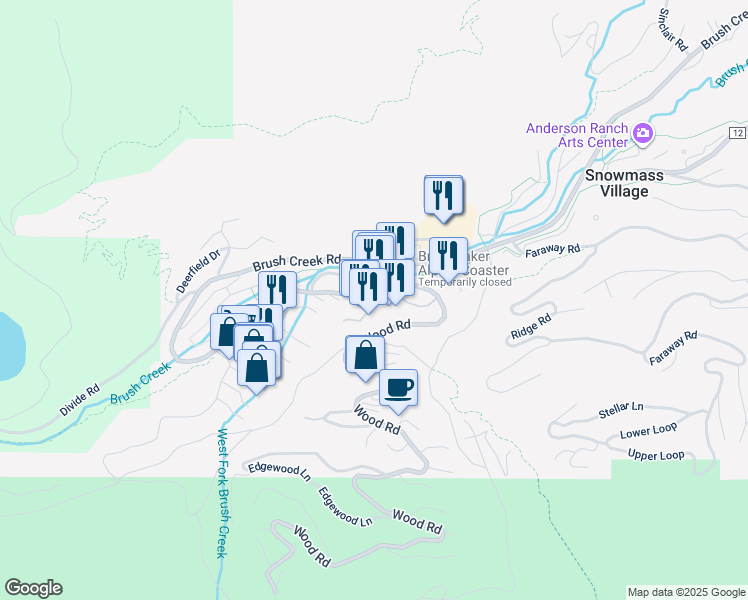 map of restaurants, bars, coffee shops, grocery stores, and more near 67 Wood Road in Snowmass Village