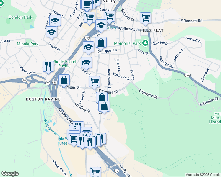 map of restaurants, bars, coffee shops, grocery stores, and more near 637 Kate Hayes Street in Grass Valley