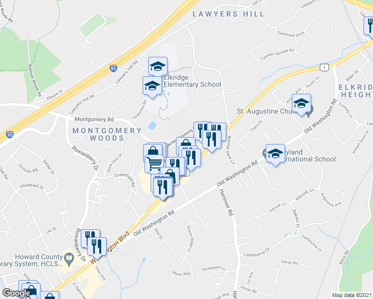map of restaurants, bars, coffee shops, grocery stores, and more near 7250 Darby Downs in Elkridge