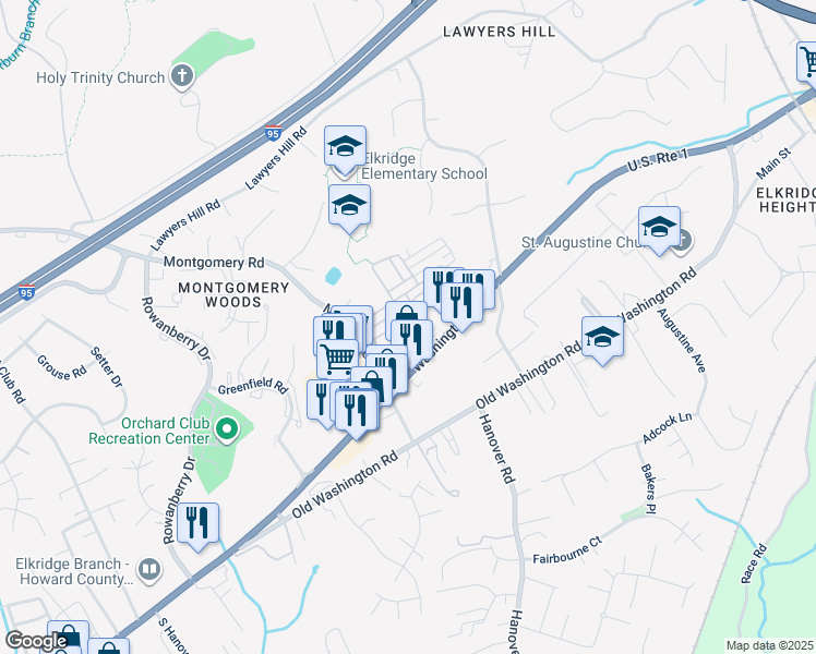 map of restaurants, bars, coffee shops, grocery stores, and more near 7250 Darby Downs in Elkridge