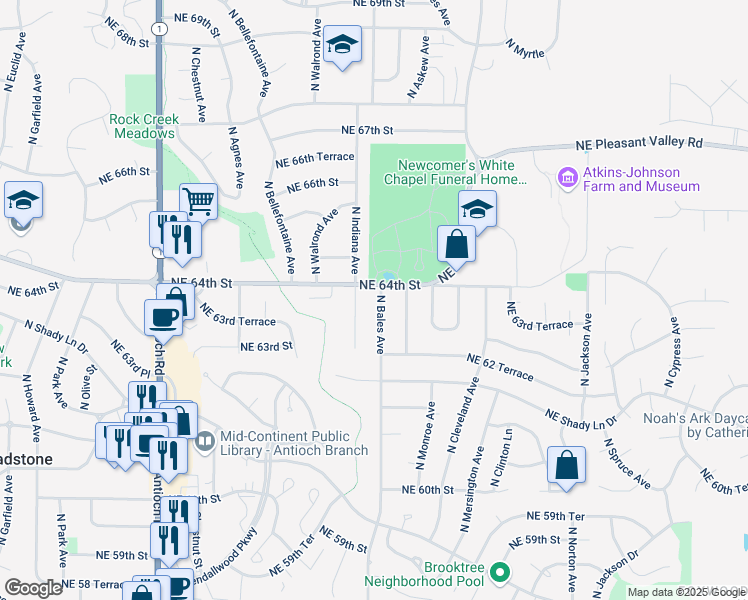 map of restaurants, bars, coffee shops, grocery stores, and more near 6305 North Bales Avenue in Gladstone