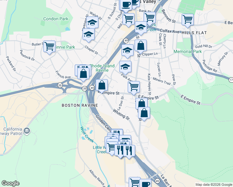 map of restaurants, bars, coffee shops, grocery stores, and more near 612 Kechely Court in Grass Valley
