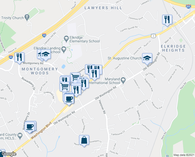 map of restaurants, bars, coffee shops, grocery stores, and more near 6225 Washington Boulevard in Elkridge