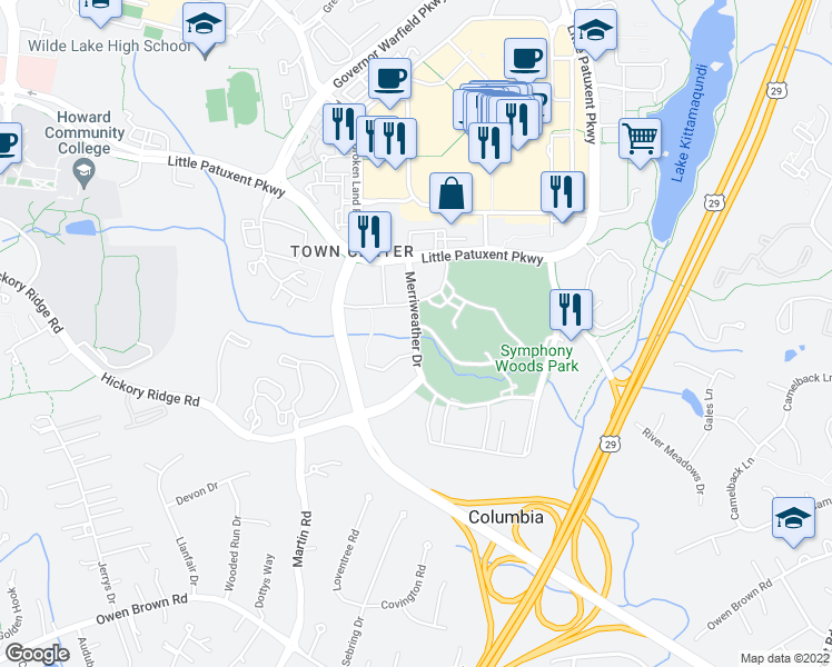 map of restaurants, bars, coffee shops, grocery stores, and more near Merriweather Drive in Columbia