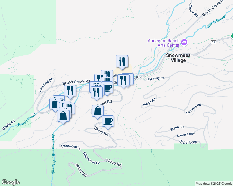 map of restaurants, bars, coffee shops, grocery stores, and more near 171-341 Wood Road in Aspen