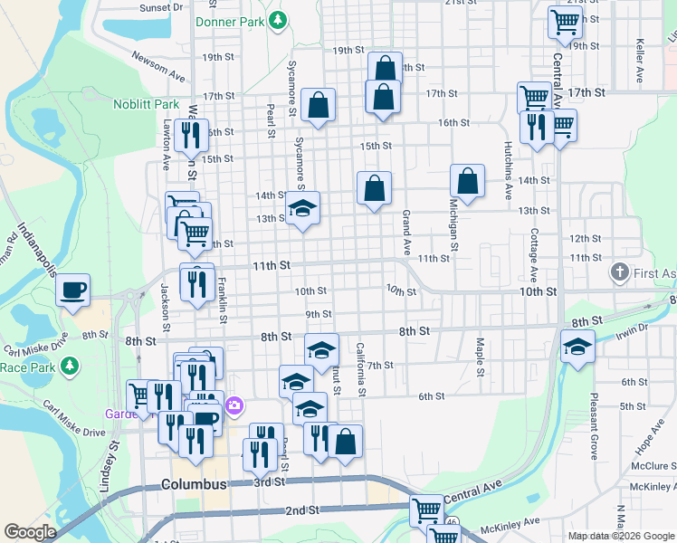 map of restaurants, bars, coffee shops, grocery stores, and more near 934 California Street in Columbus