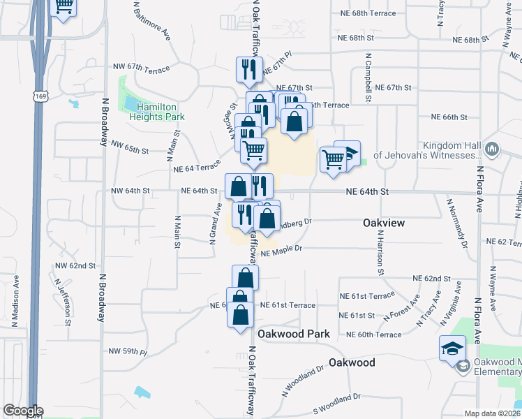map of restaurants, bars, coffee shops, grocery stores, and more near 6321 North Oak Trafficway in Gladstone