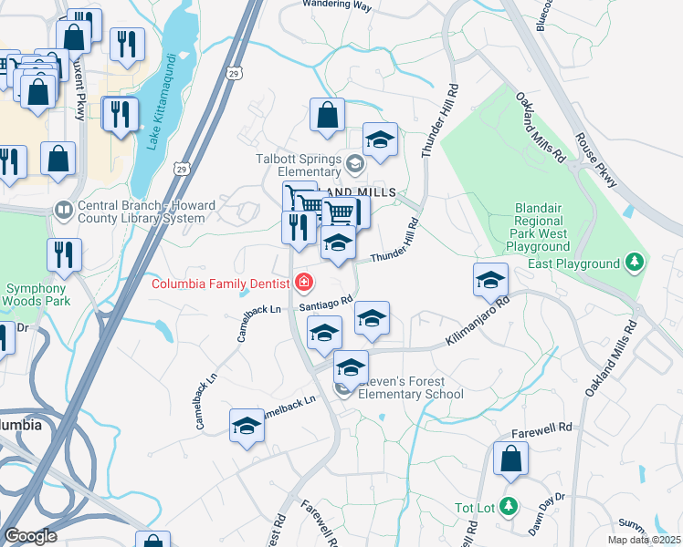 map of restaurants, bars, coffee shops, grocery stores, and more near 5885 Robert Oliver Place in Columbia