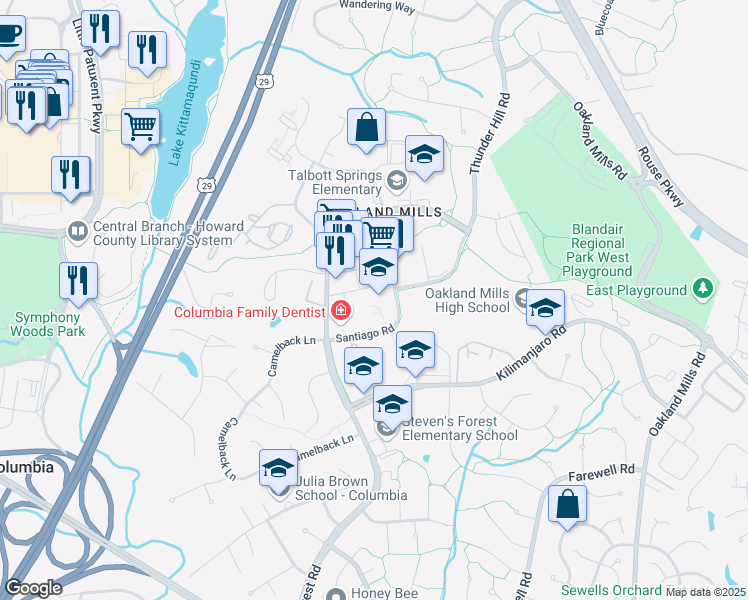 map of restaurants, bars, coffee shops, grocery stores, and more near 5885 Robert Oliver Place in Columbia