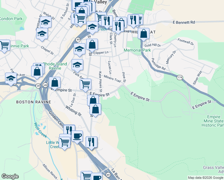 map of restaurants, bars, coffee shops, grocery stores, and more near 334 Empire Court in Grass Valley