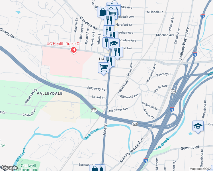 map of restaurants, bars, coffee shops, grocery stores, and more near 8214 Vine Street in Cincinnati