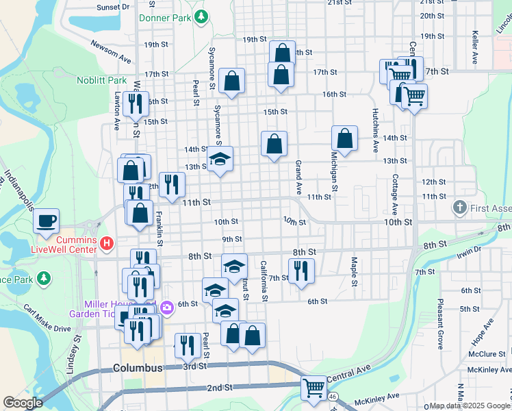 map of restaurants, bars, coffee shops, grocery stores, and more near 1118 California Street in Columbus