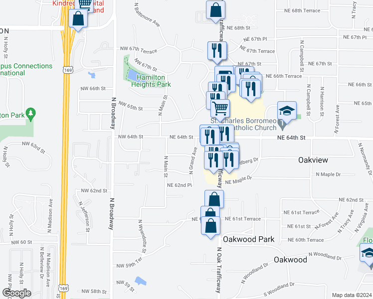 map of restaurants, bars, coffee shops, grocery stores, and more near 101 Northeast 64th Street in Kansas City