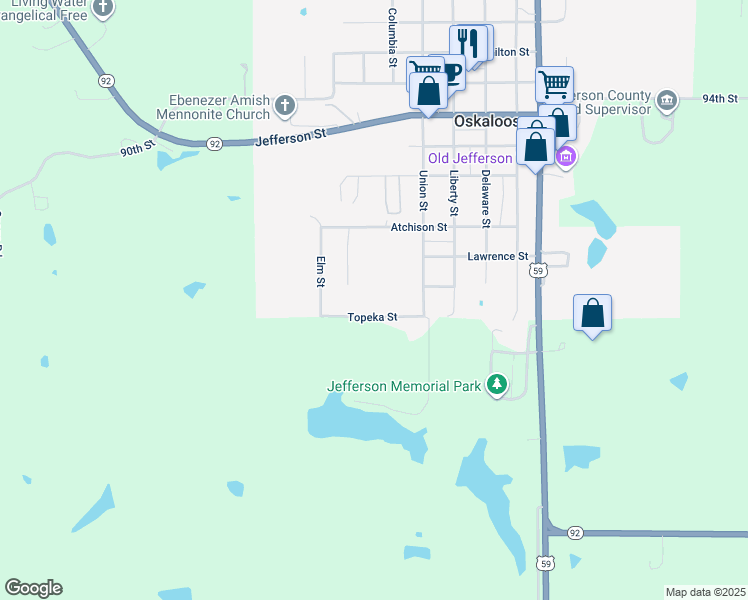map of restaurants, bars, coffee shops, grocery stores, and more near 600 Topeka Street in Oskaloosa