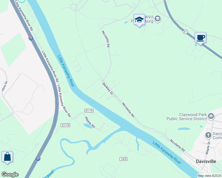 map of restaurants, bars, coffee shops, grocery stores, and more near Nicolette Rd in Parkersburg
