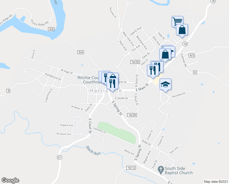 map of restaurants, bars, coffee shops, grocery stores, and more near 302 East Main Street in Harrisville