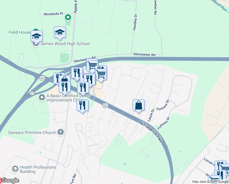 map of restaurants, bars, coffee shops, grocery stores, and more near 1304 Ambrose Drive in Winchester