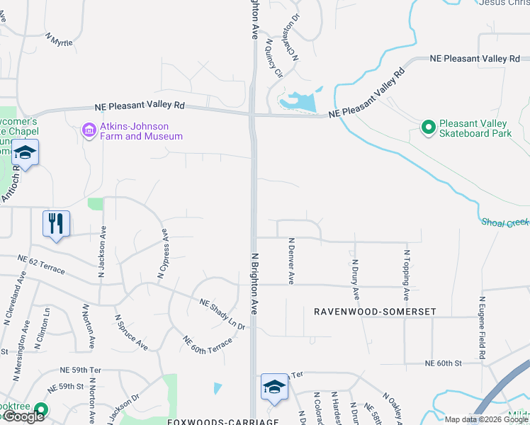 map of restaurants, bars, coffee shops, grocery stores, and more near 6400 North Brighton Avenue in Kansas City