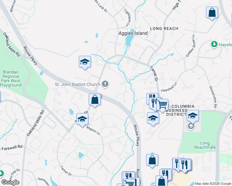 map of restaurants, bars, coffee shops, grocery stores, and more near 9132 Bronze Bell Circle in Columbia