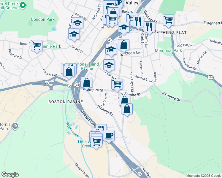 map of restaurants, bars, coffee shops, grocery stores, and more near 126 West Empire Street in Grass Valley