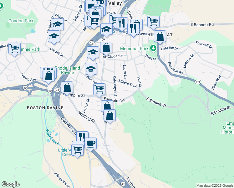 map of restaurants, bars, coffee shops, grocery stores, and more near 610 Kate Hayes Street in Grass Valley