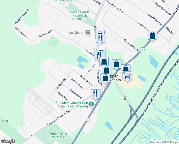 map of restaurants, bars, coffee shops, grocery stores, and more near 10 Cole Avenue in Ocean View
