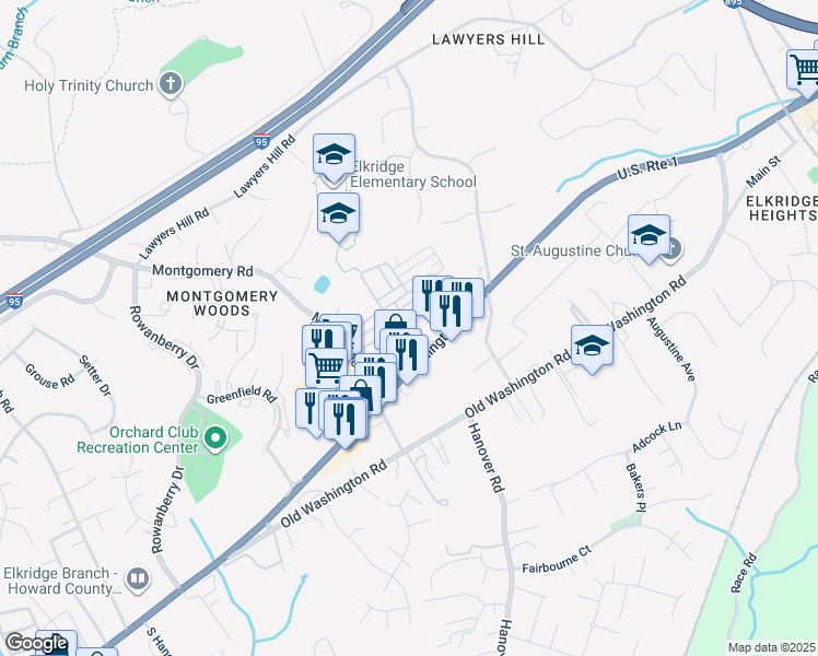 map of restaurants, bars, coffee shops, grocery stores, and more near 7270 Darby Downs in Elkridge