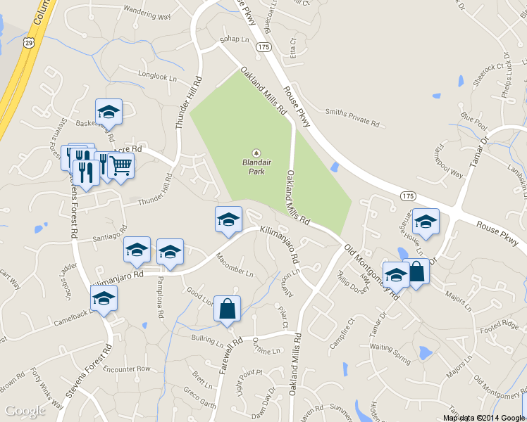 map of restaurants, bars, coffee shops, grocery stores, and more near 9440 Merryrest Rd in Columbia