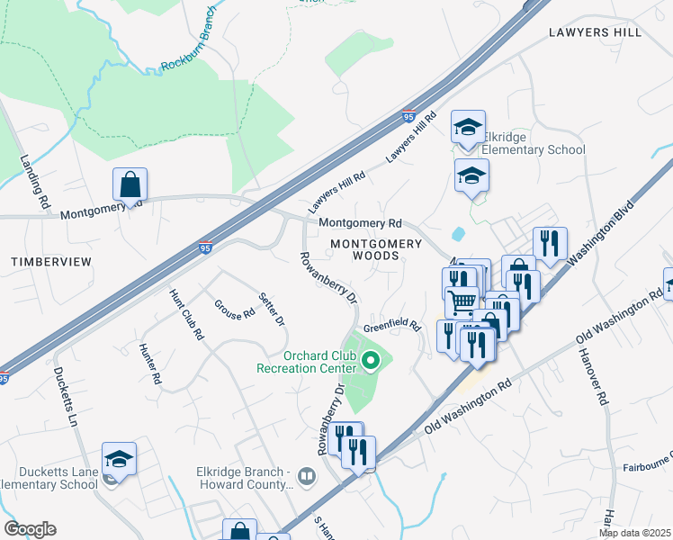 map of restaurants, bars, coffee shops, grocery stores, and more near 6007 Rowanberry Drive in Elkridge