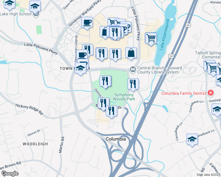 map of restaurants, bars, coffee shops, grocery stores, and more near 10475 Little Patuxent Parkway in Columbia