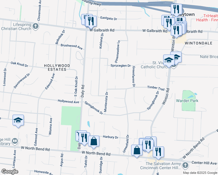 map of restaurants, bars, coffee shops, grocery stores, and more near 6584 Montevista Drive in Cincinnati