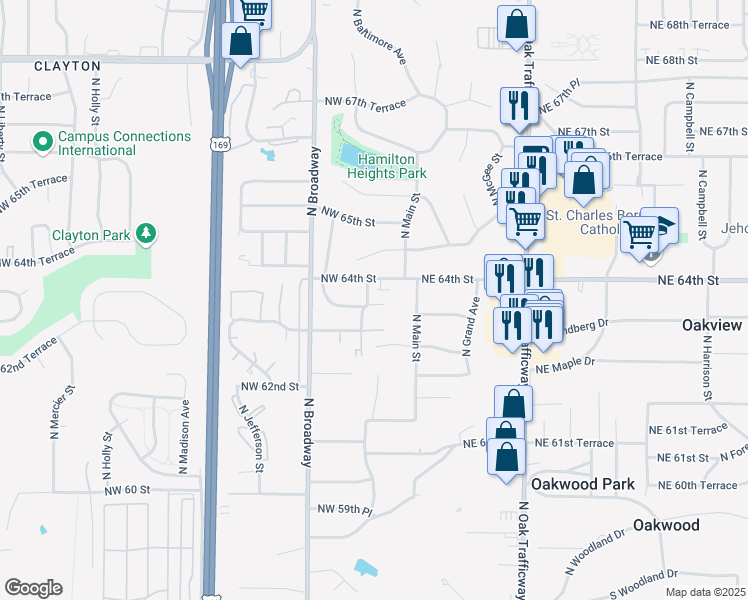 map of restaurants, bars, coffee shops, grocery stores, and more near 6321 North Wyandotte Street in Gladstone