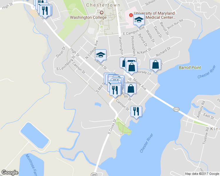 map of restaurants, bars, coffee shops, grocery stores, and more near 337 High Street in Chestertown
