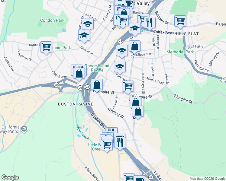 map of restaurants, bars, coffee shops, grocery stores, and more near 423 Marshall Street in Grass Valley