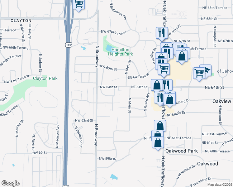 map of restaurants, bars, coffee shops, grocery stores, and more near 6321 North Wyandotte Street in Gladstone