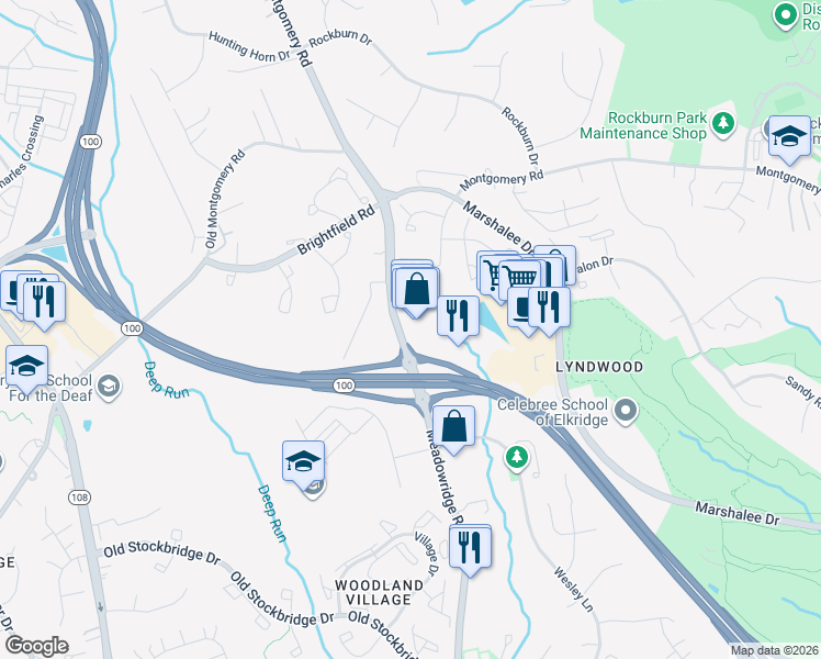 map of restaurants, bars, coffee shops, grocery stores, and more near Meadowridge Center Drive in Elkridge