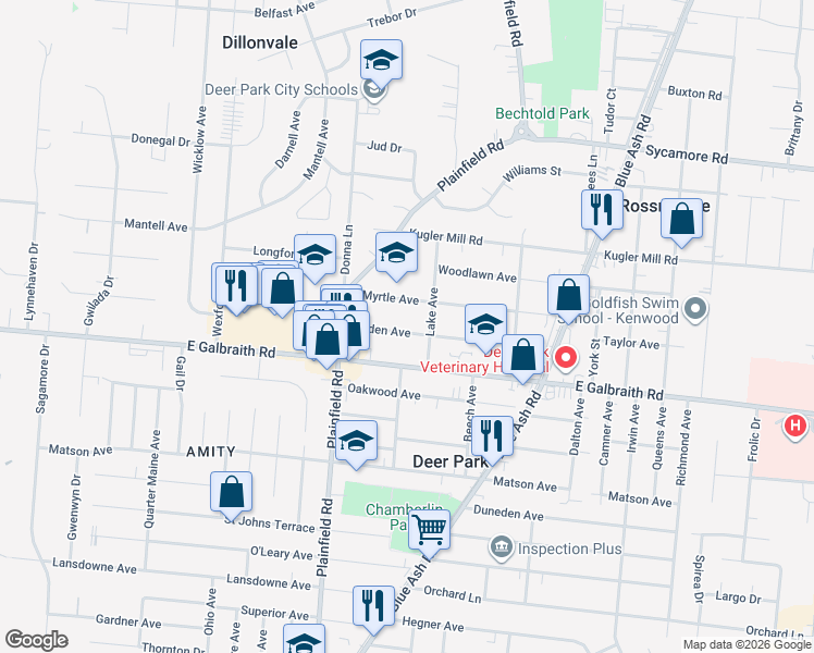 map of restaurants, bars, coffee shops, grocery stores, and more near 4135 Myrtle Avenue in Cincinnati