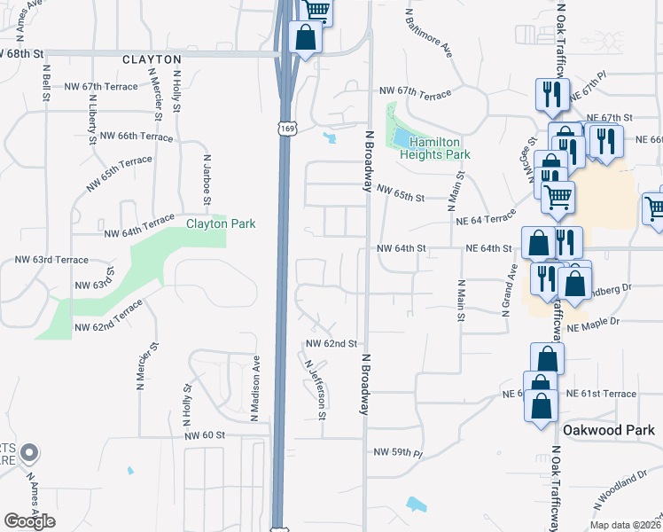 map of restaurants, bars, coffee shops, grocery stores, and more near 500 Northwest 63rd Street in Kansas City