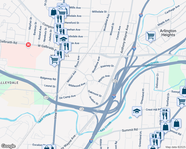 map of restaurants, bars, coffee shops, grocery stores, and more near 217 Kearney Street in Cincinnati