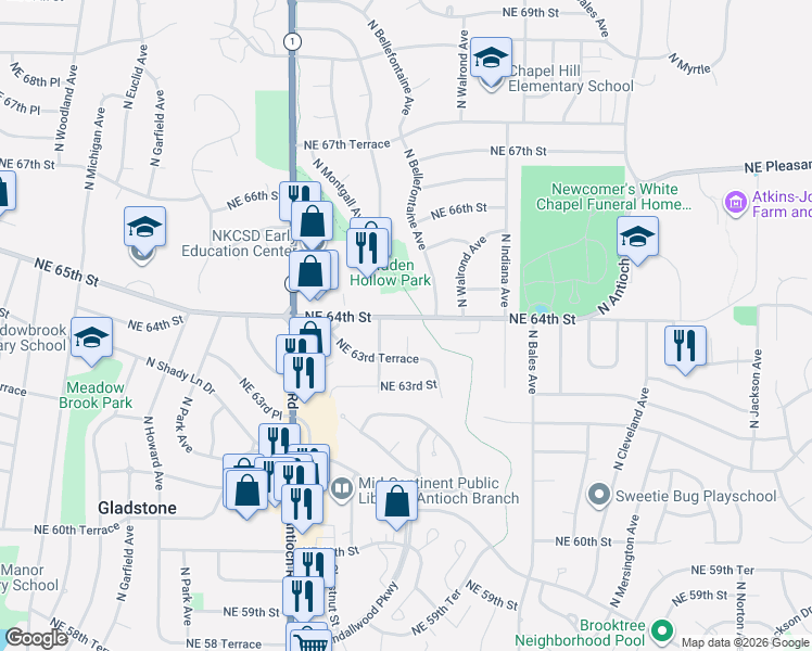 map of restaurants, bars, coffee shops, grocery stores, and more near 6402 North Bellefontaine Avenue in Kansas City