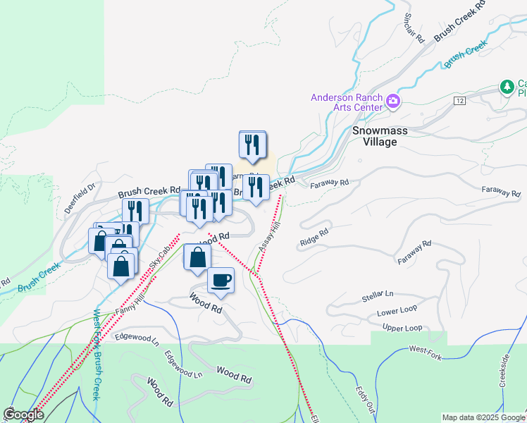 map of restaurants, bars, coffee shops, grocery stores, and more near 4700 Brush Creek Road in Snowmass Village