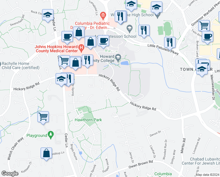 map of restaurants, bars, coffee shops, grocery stores, and more near 10638 High Beam Court in Columbia