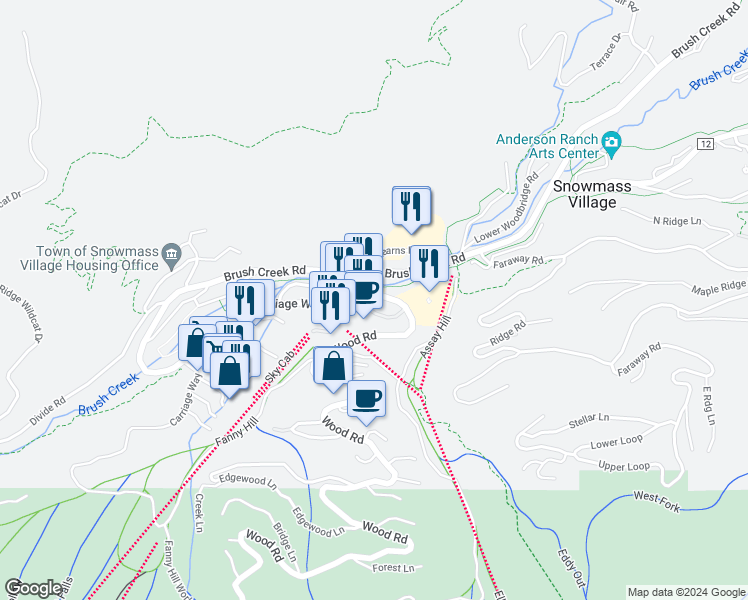 map of restaurants, bars, coffee shops, grocery stores, and more near 64 Wood Road in Snowmass Village