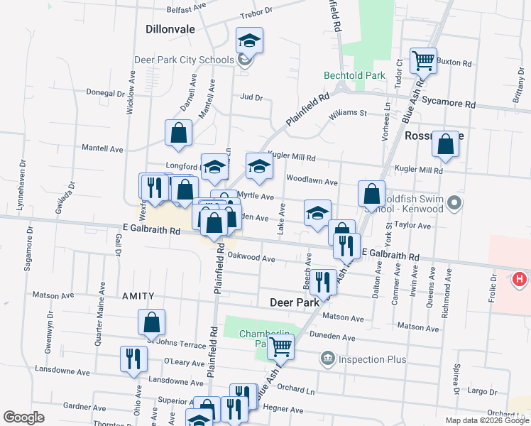 map of restaurants, bars, coffee shops, grocery stores, and more near 4135 Myrtle Avenue in Cincinnati