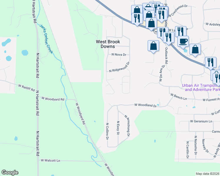 map of restaurants, bars, coffee shops, grocery stores, and more near 4059-4099 North Brookwood Drive in Bloomington