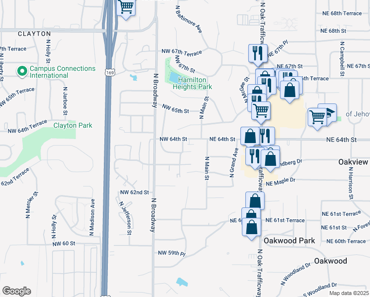 map of restaurants, bars, coffee shops, grocery stores, and more near 105 Northwest 64th Street in Gladstone