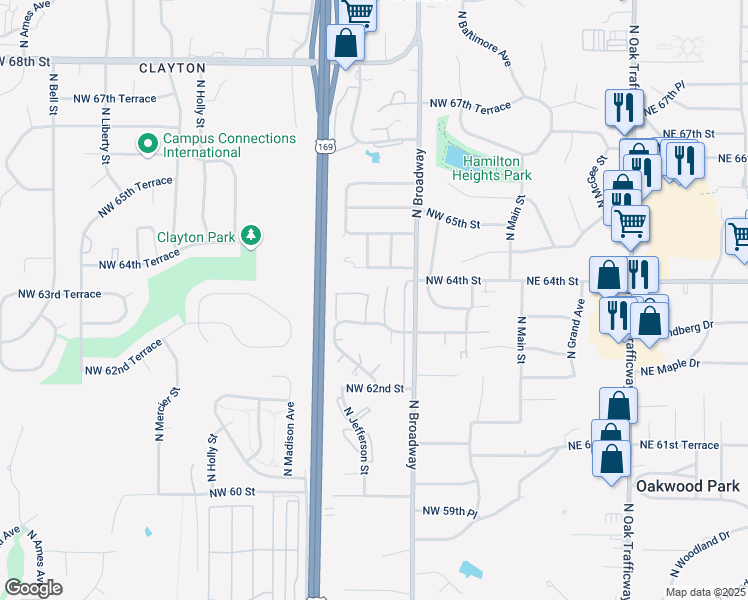 map of restaurants, bars, coffee shops, grocery stores, and more near 418 Northwest 63rd Street in Kansas City