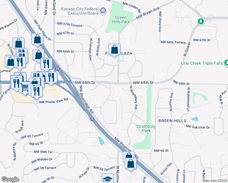 map of restaurants, bars, coffee shops, grocery stores, and more near 6329 North London Avenue in Kansas City
