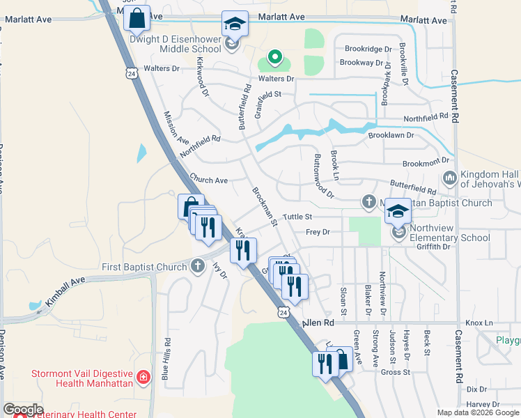 map of restaurants, bars, coffee shops, grocery stores, and more near 2505 Brockman Street in Manhattan