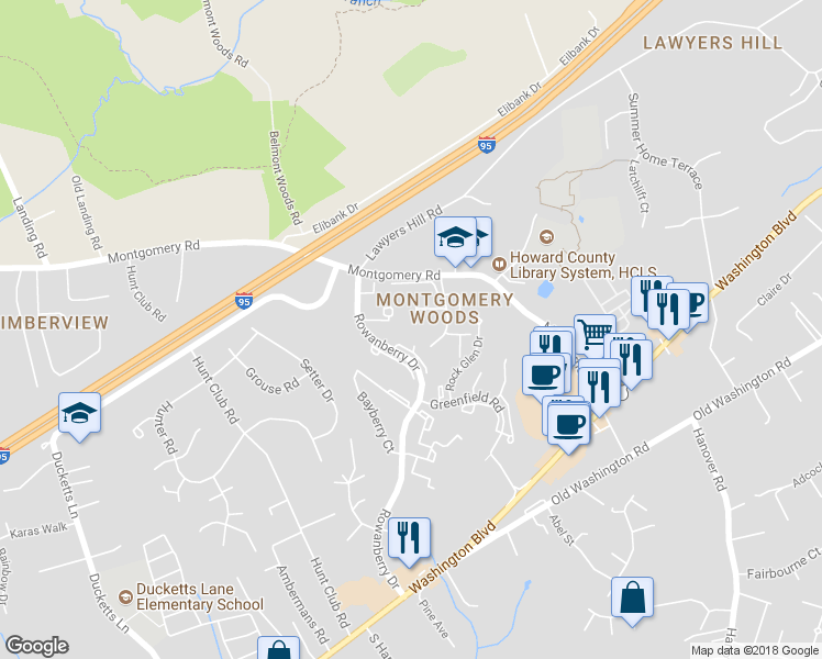 map of restaurants, bars, coffee shops, grocery stores, and more near 5885 Whisper Way in Elkridge